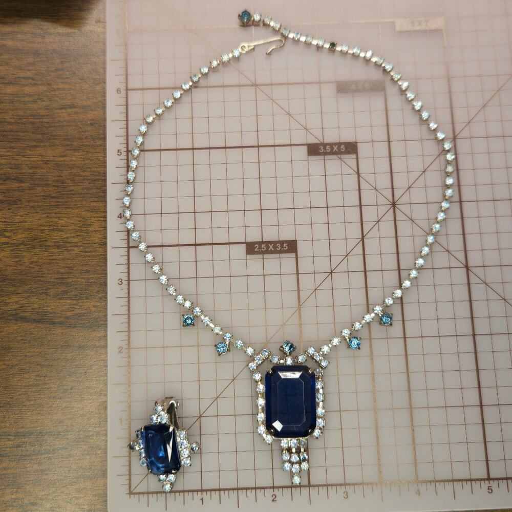 Vintage Sapphire Blue Emerald Cut Rhinestone Choker Necklace Single Earring